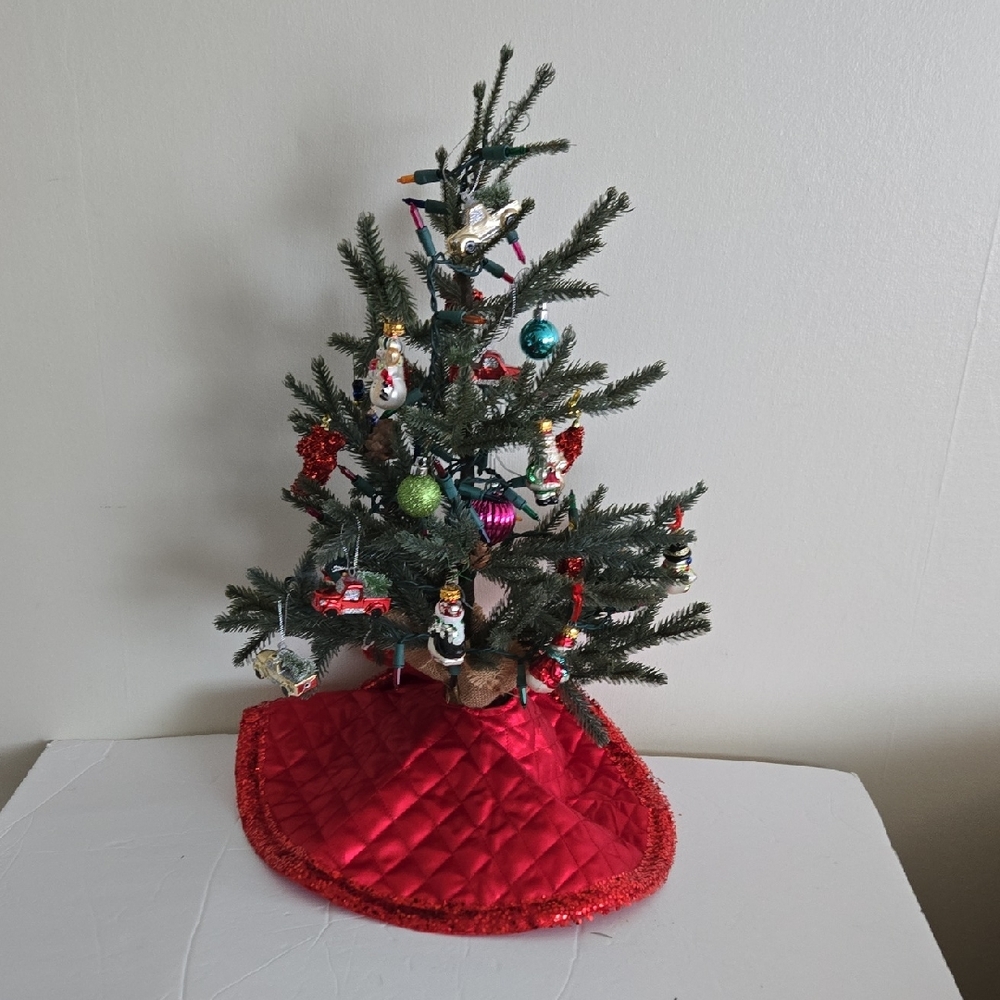 Festive Mini Christmas Tree with Red Skirt With Mini Decorations